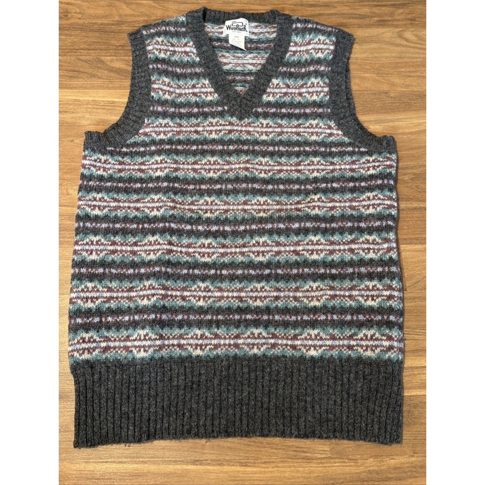 Woolrich Sweater Vest Shetland Wool Fair Isle Grey Blue Mens Large 9020